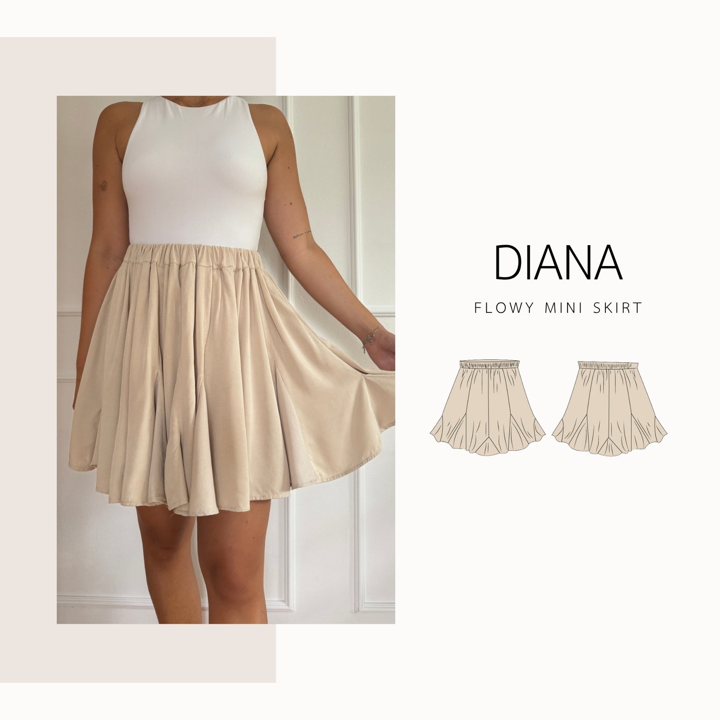 Diana Skirt PDF Sewing Pattern | flowy mini Skirt with godets | 2XS–4XL
